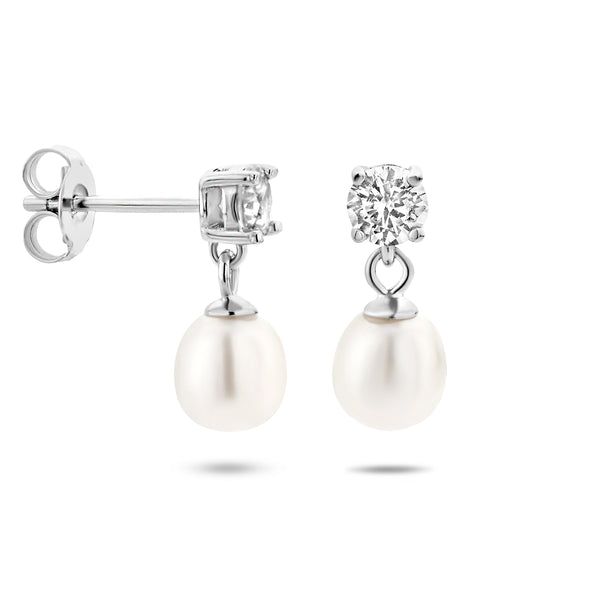 Oorhangers van Gerhodineerd Zilver met Zirkonia en Parel 6.5x7mm - Formaat 6.5x15mm
