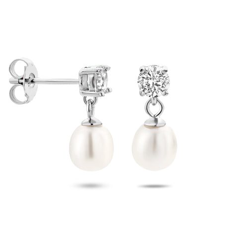 Oorhangers van Gerhodineerd Zilver met Zirkonia en Parel 6.5x7mm - Formaat 6.5x15mm