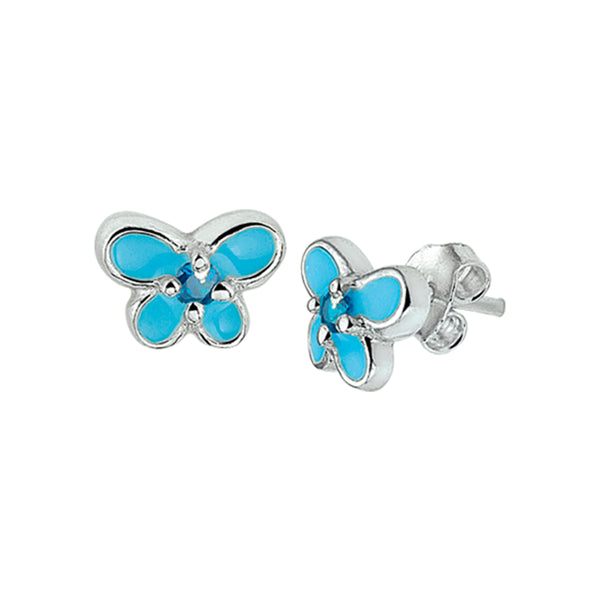 Kinderoorknoppen Vlinder met emaille en Blauwe Zirkonia van 925 Zilver - Formaat 8 x 9 mm