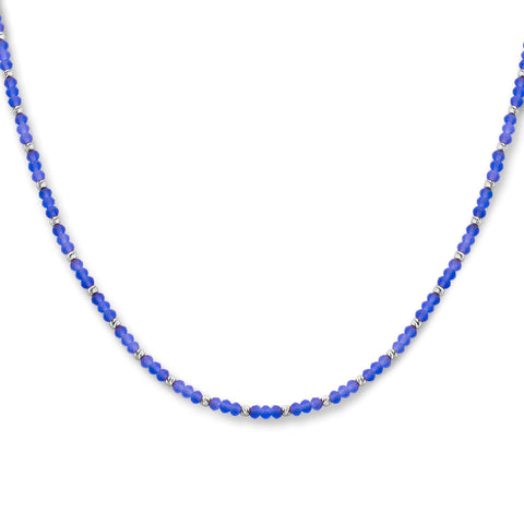 Damescollier Blauwe glazen kralen en Gediamanteerde Bolletjes 3mm, Gerhodineerd Zilver - Lengte 41+4cm