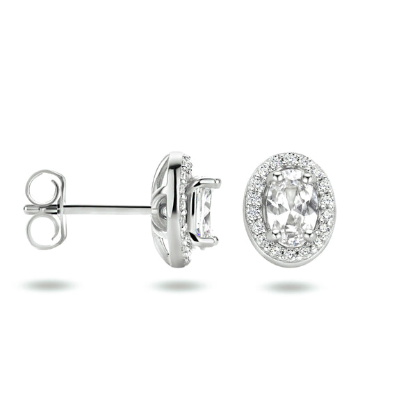 Ovaalvormige Oorknoppen van Gerhodineerd Zilver met Zirkonia - Formaat 7.2x9mm