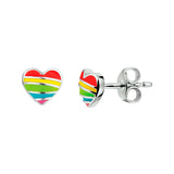 Gerhodineerd Zilveren kinderoorknoppen Regenbooghart van emaille  - Formaat 6.5 x 6 mm