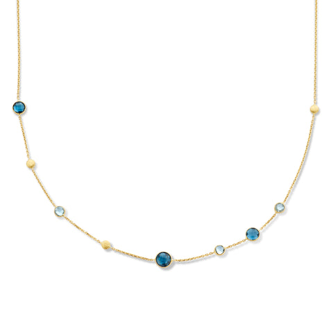 14 Karaat Geelgouden collier, met geelgouden bolletjes en Edelstenen London Blue en Blauw Topaas - Lengte 41+4cm