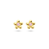 Oorknoppen van 14 Karaat Geelgoud in Bloemvorm met Roze Zirkonia - Diameter 4.5 mm