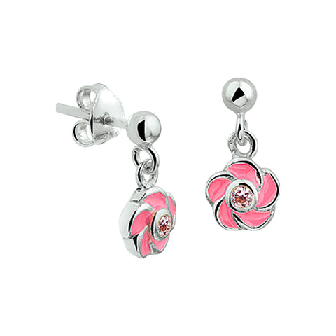 Oorhangers van 925 Zilver met Roze Bloem (emaille) en Roze Zirkonia - Formaat 7 x 14 mm