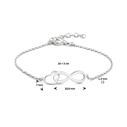 Damesarmband van Gerhodineerd Zilver met Hart & Infinity - Lengte 16+3cm