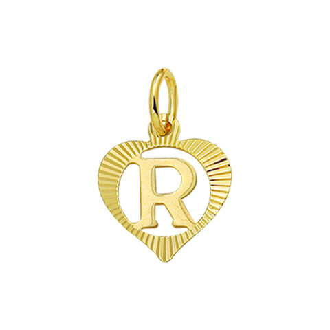 Hartvormige hanger letter R, gediamanteerde rand van 14 Karaat Geelgoud - 11 x 10.5 mm