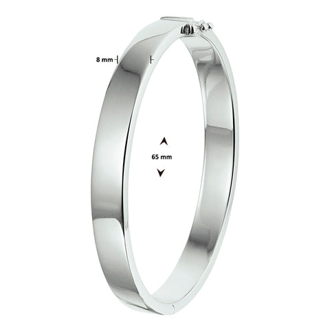 Damesarmband 8mm, Bangle van Gerhodineerd Zilver, Massieve, vlakke buis met scharnier - Diameter 65mm