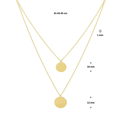 Dubbel, damescollier van 14 Karaat Geelgoud, Ankerschakel 1 mm met twee Ronde hangers - Lengte 41+4cm