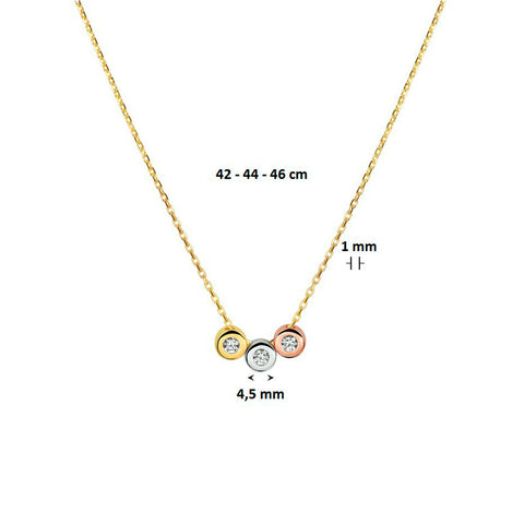 14 Karaat Geelgouden collier, Ankerschakel 1mm met drie Elementen in Geelgoud, Roségoud en Witgoud met Zirkonia - Lengte 42+4cm