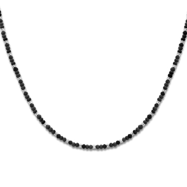 Damescollier Zwarte glazen kralen en Gediamanteerde Bolletjes 3mm, Gerhodineerd Zilver - Lengte 41+4cm