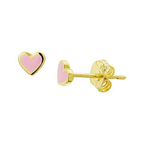 14 Karaat Geelgouden Kinderoorknoppen Hart met roze emaille - Formaat 4 x 3.5 mm