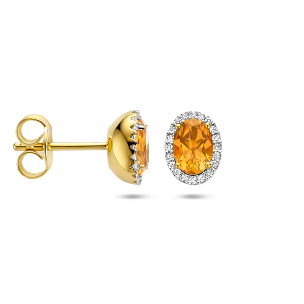 Oorknoppen van 14 Karaat Geelgoud met Citrien 0.70ct (2x 0.35ct) en Diamant 0.12ct
