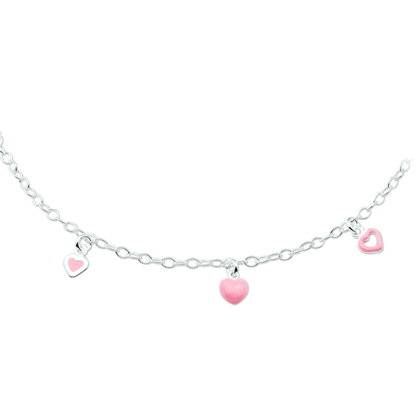 Kindercollier van 925 Zilver, Ankerschakel 2.7mm met drie Hartjes hangers, roze emaille - Lengte 38cm