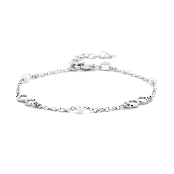 Damesarmband van Gerhodineerd Zilver met Infinity en Parels - Lengte 16+3cm