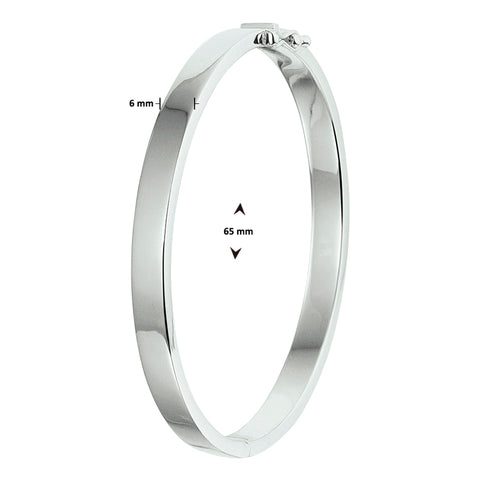 Damesarmband 6mm, Bangle van Gerhodineerd Zilver, Massieve, vlakke buis met scharnier - Diameter 65mm