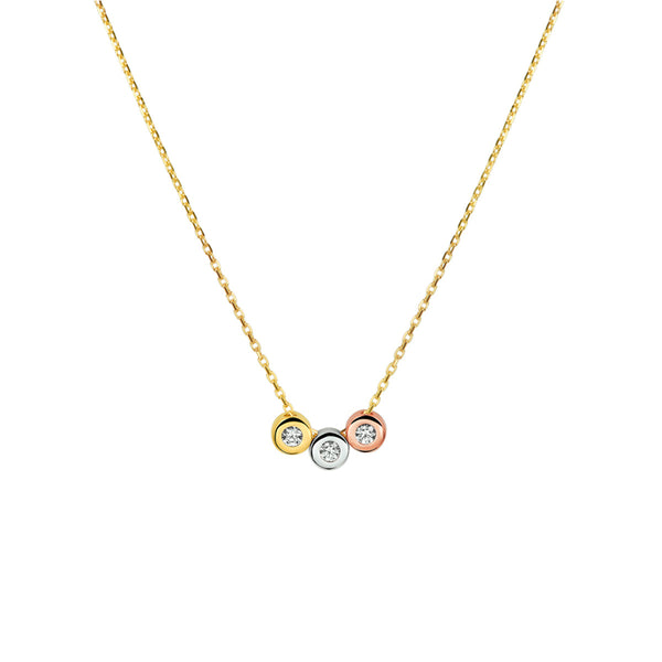 14 Karaat Geelgouden collier, Ankerschakel 1mm met drie Elementen in Geelgoud, Roségoud en Witgoud met Zirkonia - Lengte 42+4cm