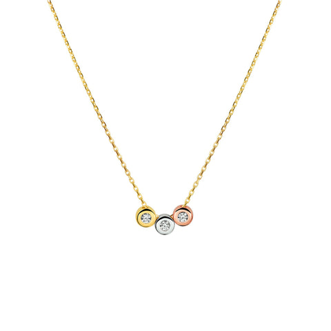 14 Karaat Geelgouden collier, Ankerschakel 1mm met drie Elementen in Geelgoud, Roségoud en Witgoud met Zirkonia - Lengte 42+4cm