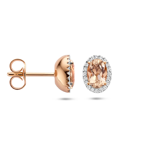 Oorknoppen Morganiet 1.20ct (2x 0.60ct) En Diamant 0.12ct H Si Halo Goud (Roségoud)