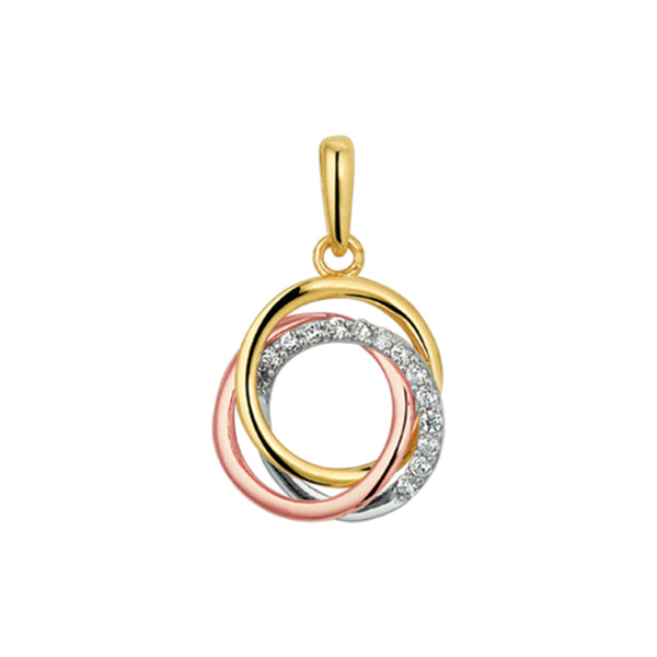 Hanger Tricolor - Geel- Wit en Roségoud - Drie ringen en Zirkonia Diameter 10mm