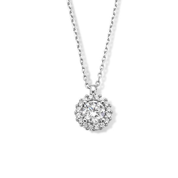 Damescollier van Gerhodineerd Zilver, Ankerschakel 1mm met Zirkonia 5mm - Lengte 41+4cm