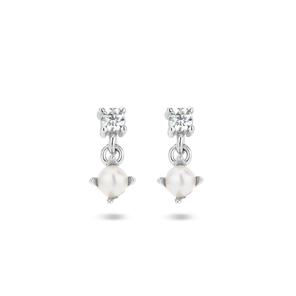 Oorhangers van Gerhodineerd Zilver met Zirkonia en Parel 2,5mm - Hoogte 7mm