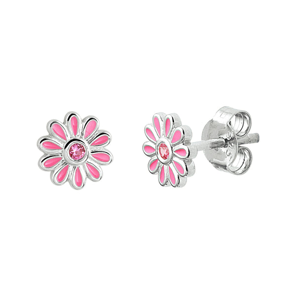 Oorknoppen van Gerhodineerd Zilver met Roze Bloem en Roze Zirkonia - Diameter 7 mm