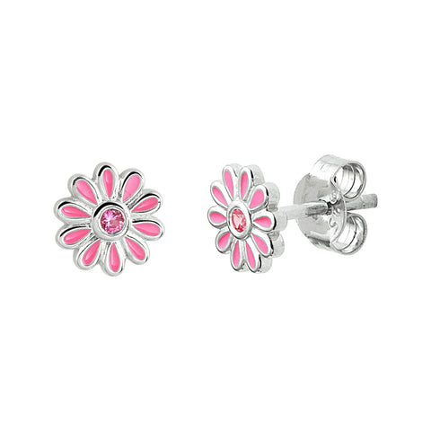 Oorknoppen van Gerhodineerd Zilver met Roze Bloem en Roze Zirkonia - Diameter 7 mm