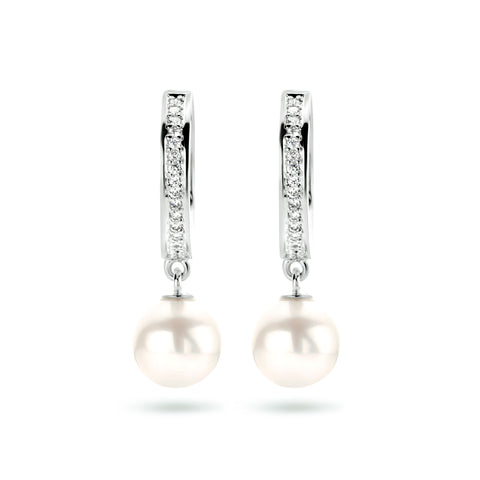 14 Karaat Witgouden Oorringen met Parel 7mm en  Diamant 0.04ct (2x 0.02ct) - Diameter 13.5mm