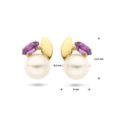 Oorknoppen van 14 Karaat Geelgoud met Parel en Amethist  0.20 ct (2 x 0.10 ct)