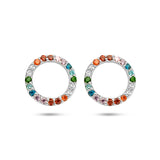 Oorknoppen Cirkel met Regenboog Zirkonia, Gerhodineerd Zilver - Diameter 10mm