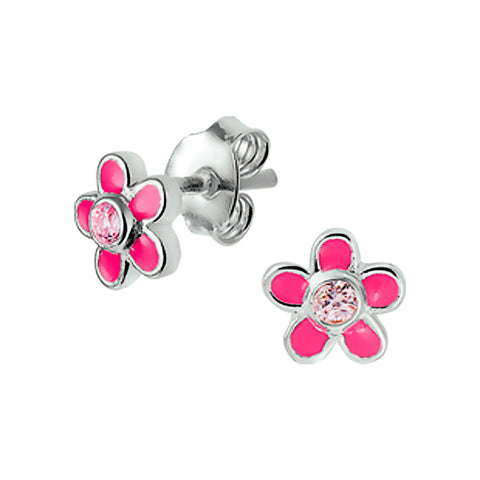 Oorknoppen van 925 Zilver met Roze Bloem en Roze Zirkonia - Formaat 6.5 x 6.5 mm