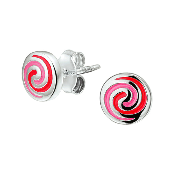 Gerhodineerd Zilveren kinderoorknoppen Rondje met roze/rood emaille - Diameter 6.5 mm