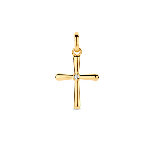 Kruis hanger met Diamant 0.01ct van 14 Karaat Geelgoud, formaat 11 x 14 mm