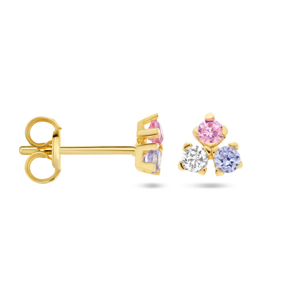 Oorknoppen met Blauw, Roze en Wit Zirkonia van 14 Karaat Geelgoud - Formaat 5x5mm