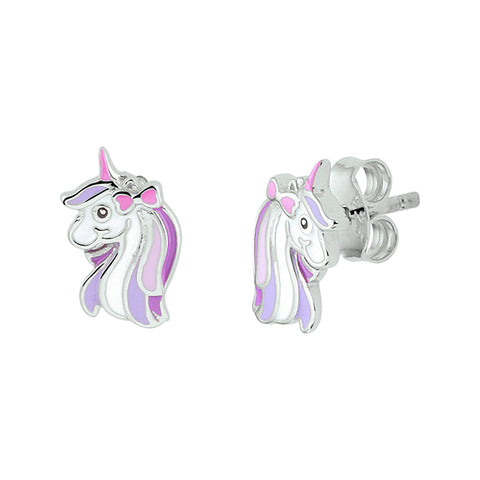 Kinderoorknoppen Eenhoorn met emaille van Gerhodineerd Zilver - Formaat 6.5 x 10.5 mm