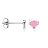 Gerhodineerd Zilveren kinderoorknoppen Hartvorm met roze emaille  - Formaat 5 x 4.5 mm