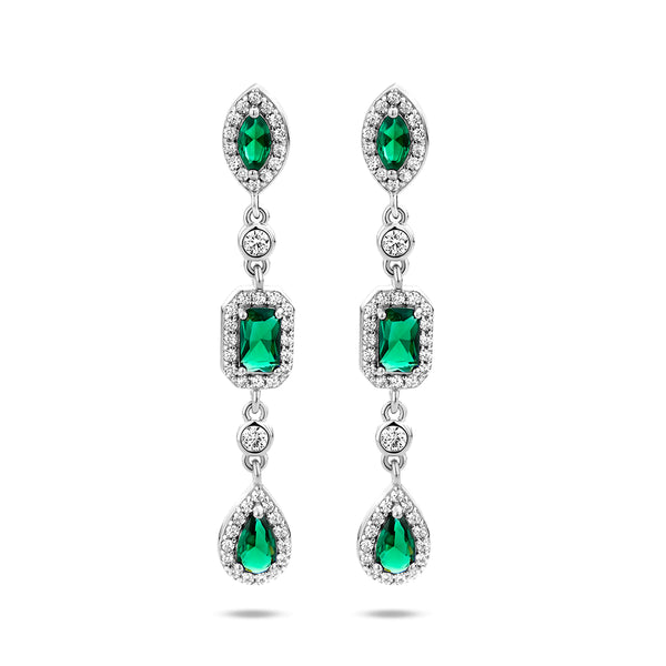 Gerhodineerd Zilveren Oorhangers met Groen en Wit Zirkonia - Hoogte 39mm