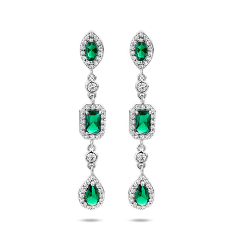 Gerhodineerd Zilveren Oorhangers met Groen en Wit Zirkonia - Hoogte 39mm