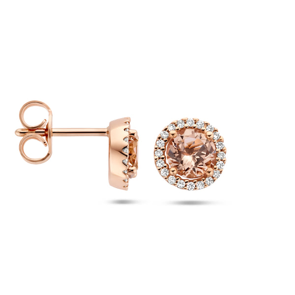 Oorknoppen Morganiet 0.90ct (2x 0.45ct) en Diamant 0.11ct (2x0.055ct) 14 Karaat Roségoud