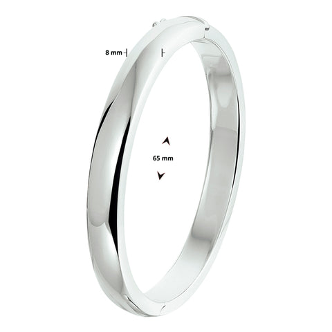 Damesarmband 8mm, Bangle van Gerhodineerd Zilver, Massieve, bolle buis met scharnier - Diameter 65mm