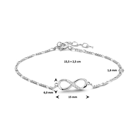 Damesarmband van Gerhodineerd Zilver, Infinity met Zirkonia - Lengte 15.5+2.5cm