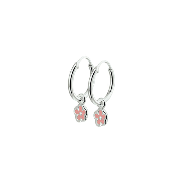 Oorringen van 925 Zilver met een roze bloem als hanger - Formaat 1.5 mm - diameter 12 mm