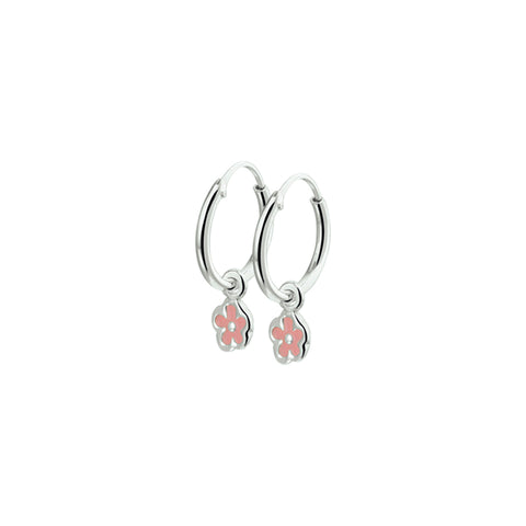 Oorringen van 925 Zilver met een roze bloem als hanger - Formaat 1.5 mm - diameter 12 mm
