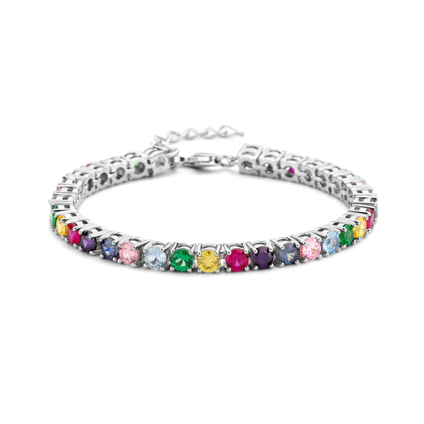 Dames Tennisarmband 4.2mm Gerhodineerd Zilveren  met Regenboog Zirkonia - Lengte 16+3cm