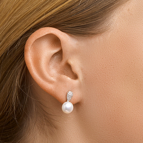Oorknoppen met Parel en Zirkonia, Gerhodineerd Zilver - Formaat 8x16mm