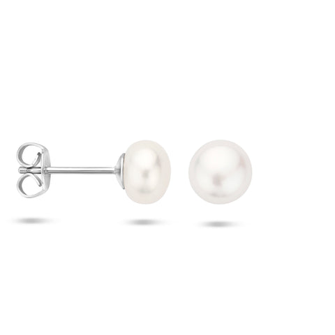 Oorknoppen met Parel 7,5mm, Gerhodineerd Zilver