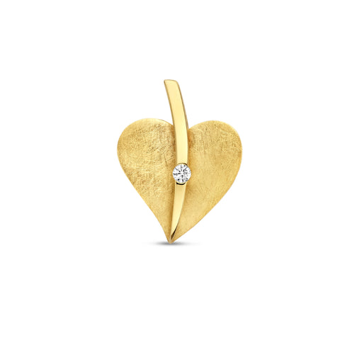 Hartvormige hanger 15. x 19 mm, Gescratcht met Diamant 0.04ct van 14 Karaat Geelgoud