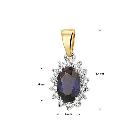 14 Karaat Bicolor Geel- en Witgouden Hanger met Saffier 0.65ct en Diamant 0.10ct - Formaat 4x14mm