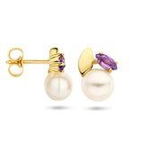 Oorknoppen van 14 Karaat Geelgoud met Parel en Amethist  0.20 ct (2 x 0.10 ct)